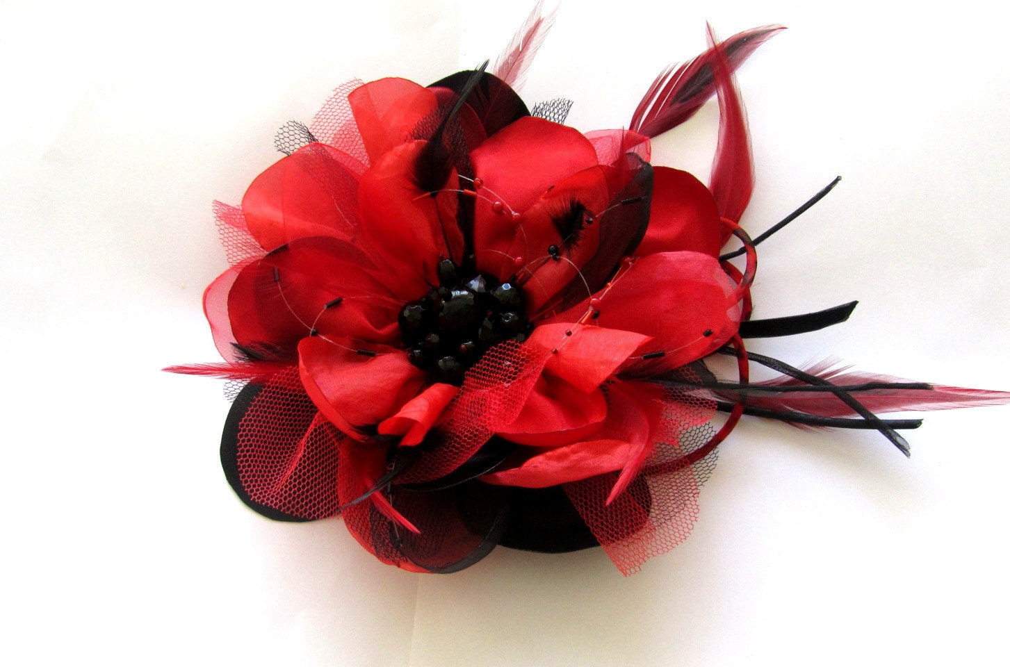 Black and red fabric flower - brooch/ bridal sash/ - JewelryWithTaste