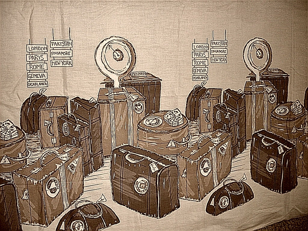 Rare Vintage Antique Brown Wall Cloth Luggage Scene London Paris Rome Casablanca New York