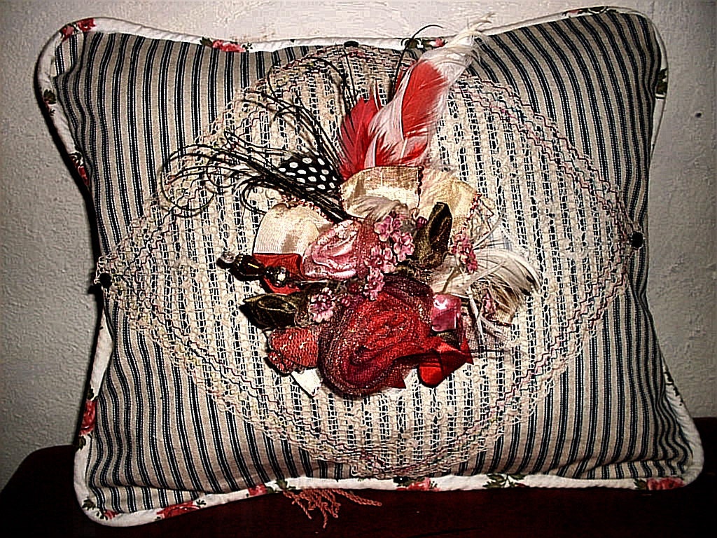 Awesome OOAK Antique Edwardian Lacey Hanky Panky Boudoir Pillow w Roses Brooch 1800s Glass Nailheads