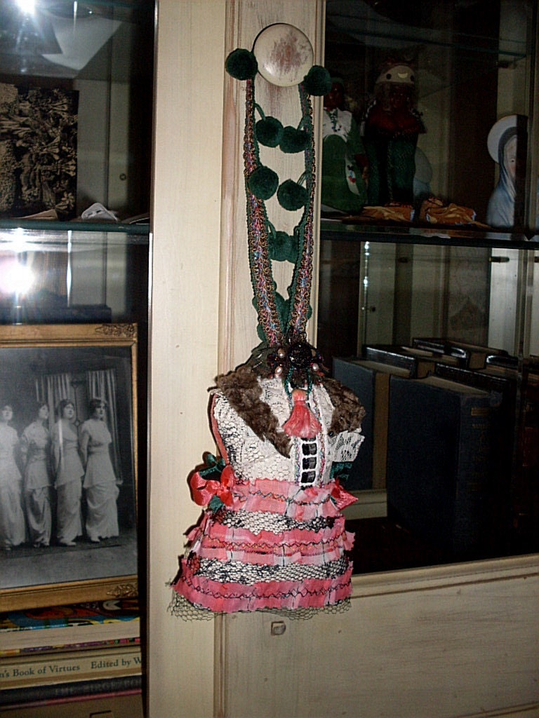 Darling Pink OOAK Steampunk Grunge Couture Vintage Inspired Hanging Boudoir Doll Mannequin Antique Buttons Brooch
