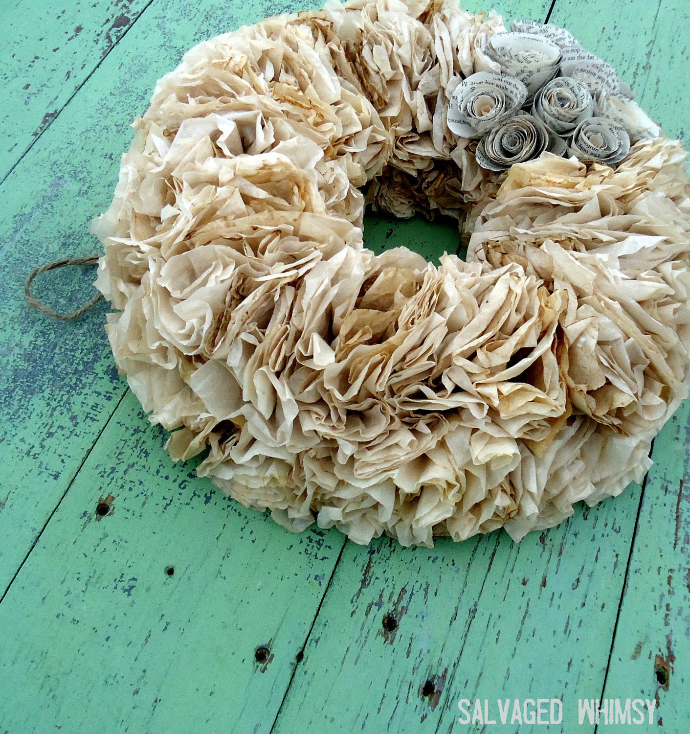 Neutral Coffee Filter Wreath with Handmade Paper Flowers
