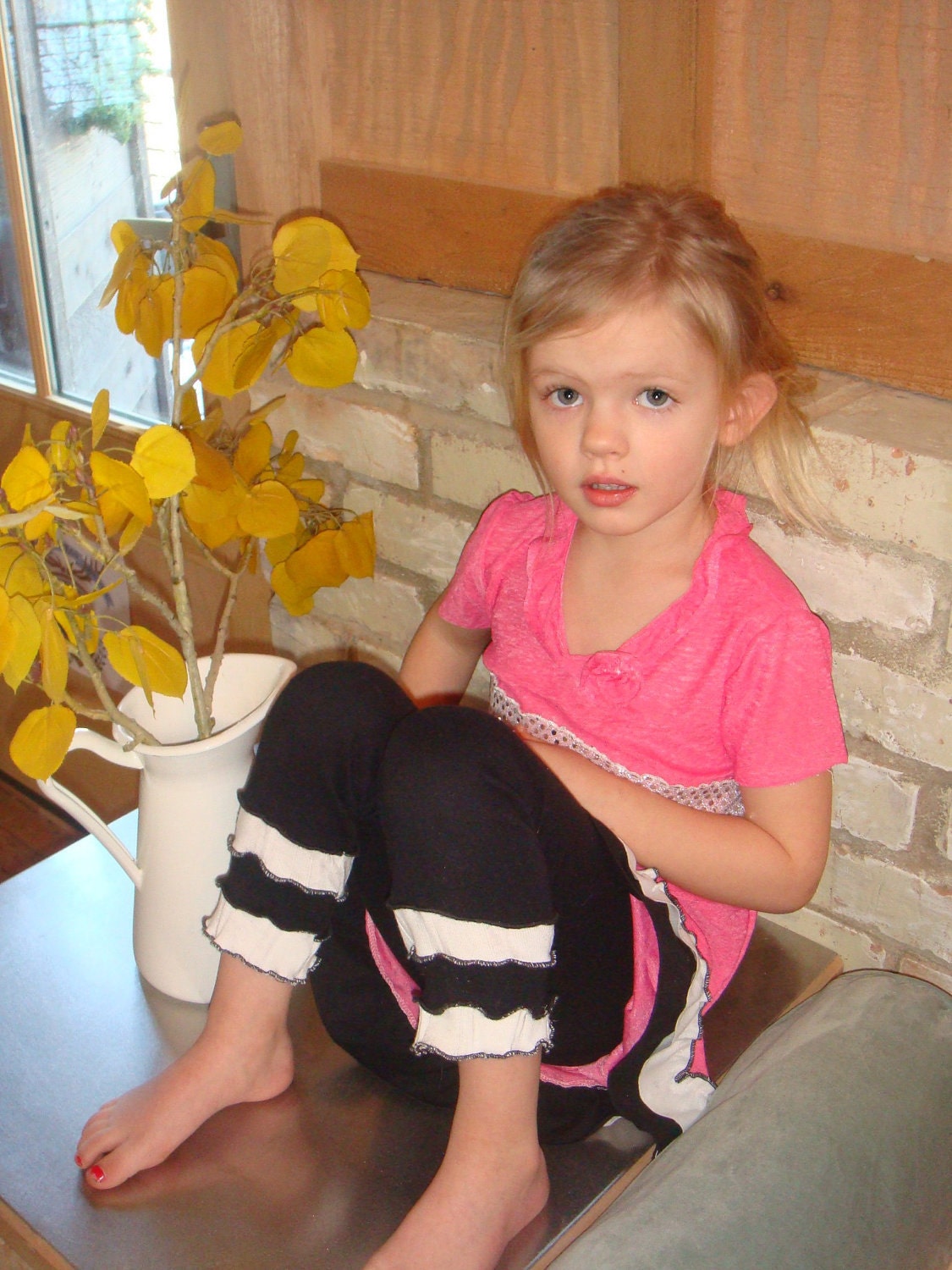 Ruffle Leggings, Black Leggings with White and Black Ruffle
