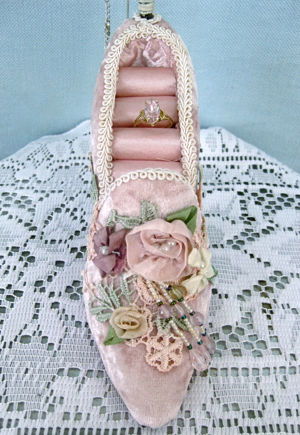 Pink Velvet Victorian Shoe Necklace, Bracelet  and ring holder