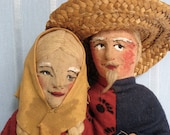 Old Souvenir Hand Painted Cloth Dolls   "Man and Wife Holding Pottery"