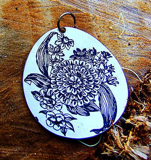 Flowers Etched Pendant - Free Shipping (original drawing by the artist)
