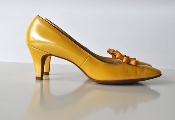 Reserved for Karen - Bright yellow vintage heels mustard color patent leather