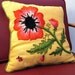 spring floral pillow - bright yellow red green black ladybug poppy embroidery crewel