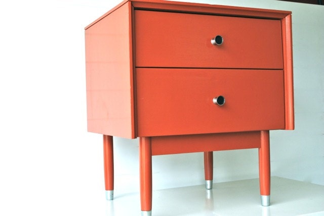 Mid century side table with drawers dark coral