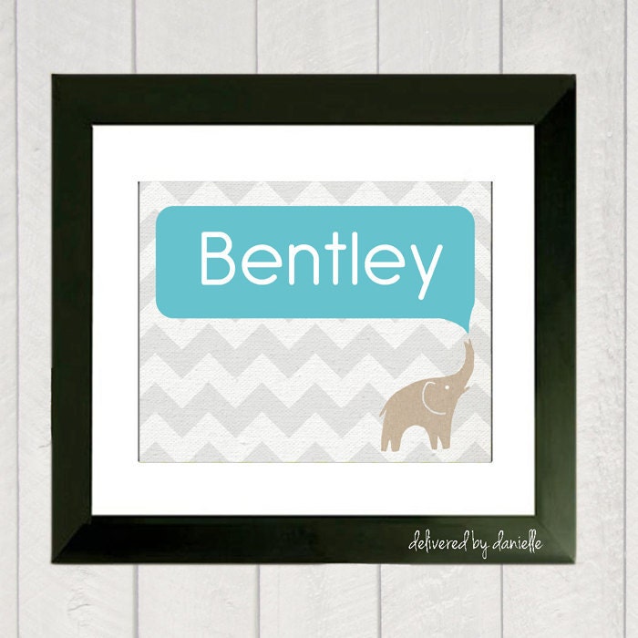 Nursery Art Print - Baby Boy Name - Elephant