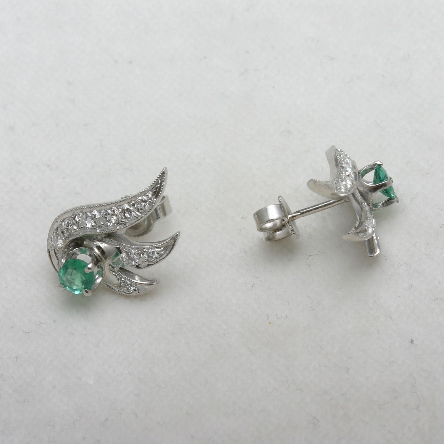 Estate Vintage 1920's Emerald Diamond Earrings 14k white gold green posts pierced ears