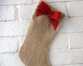 Christmas Holiday  Stocking  in Natural  Burlap Hessian with Red Burlap  Bow