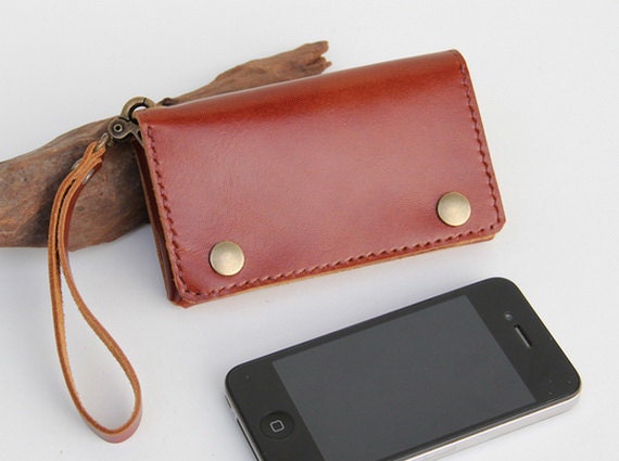 Leather iPhone wallet case with mini zipper in caramel brown (For iPhone4/4s)