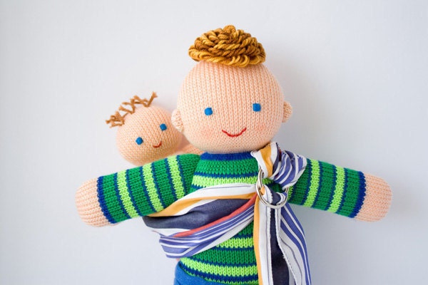 Babywearing Daddy Doll with a Baby Doll - knitted play dolls, eco-friendly, waldorf dolls, attachment parenting