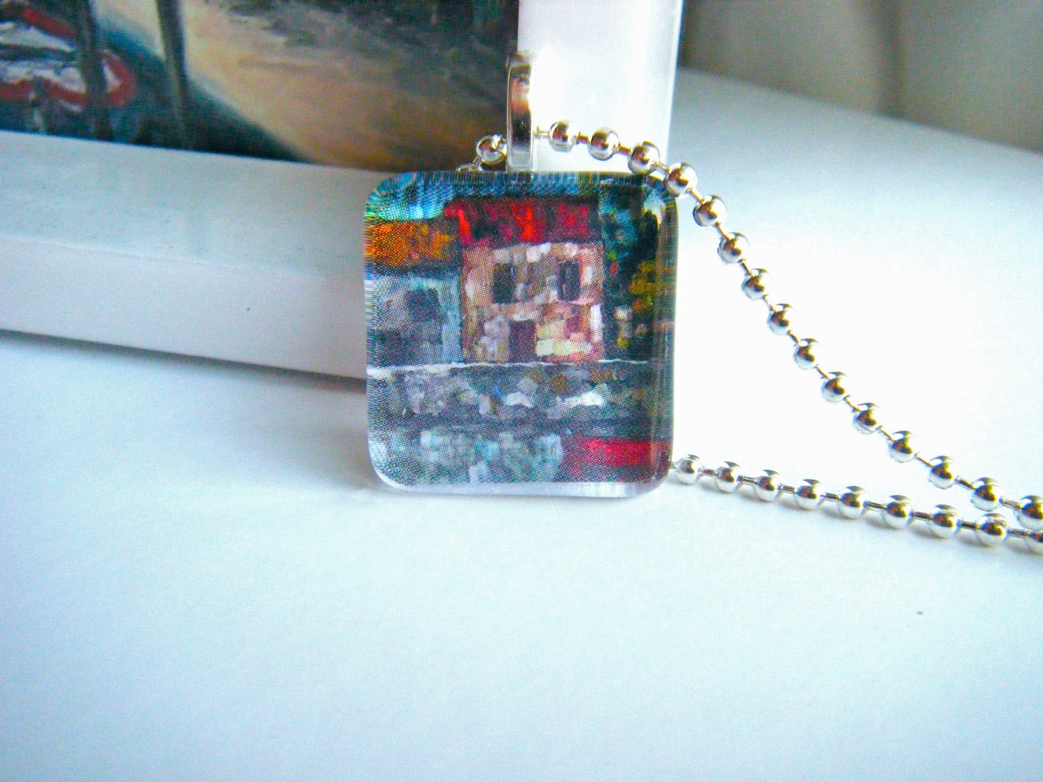 Art Pendant - Print of Original Painting Glass Tile Pendant - The Red Boat