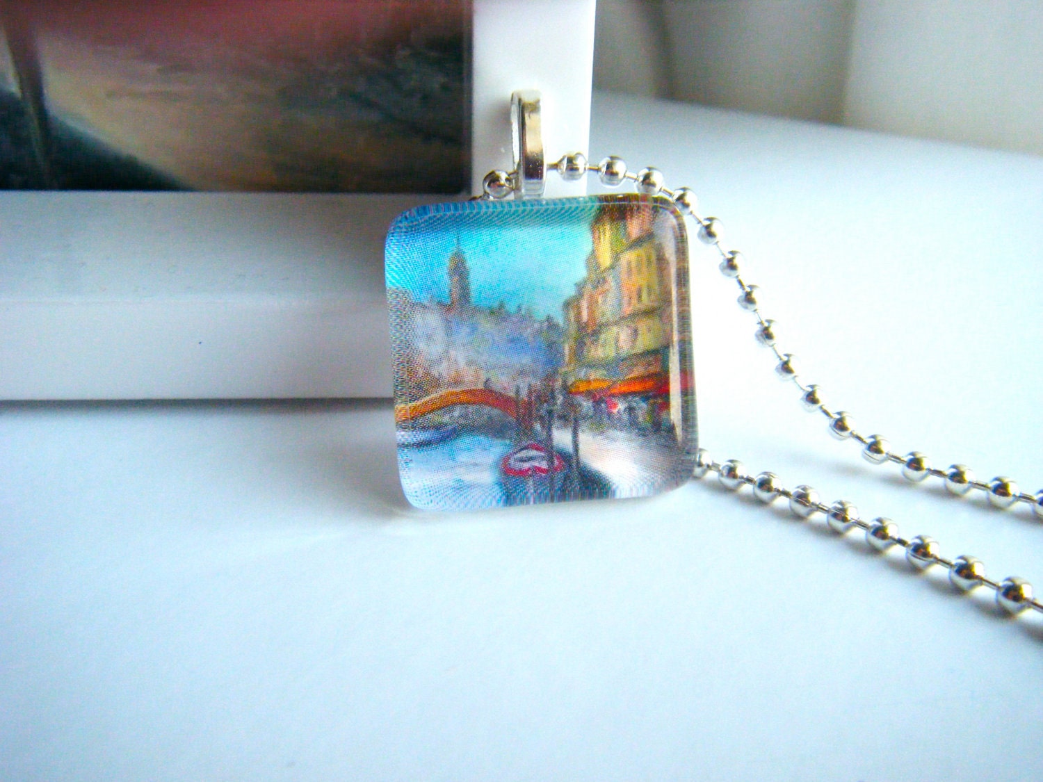Art Pendant - Print of Original Painting Glass Tile Pendant - Venice