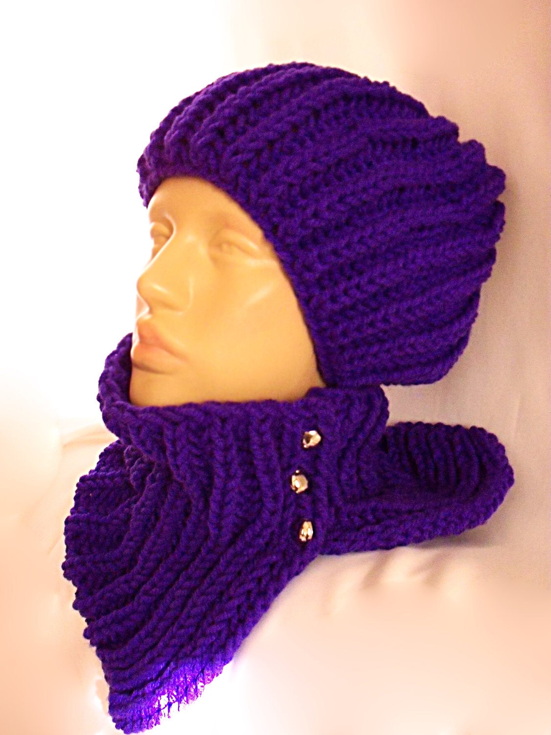 Beautiful hat and cowl... Its purple.. Slouchy neck warmer... Handmade hat and shawl set- Purple hat- OOAK