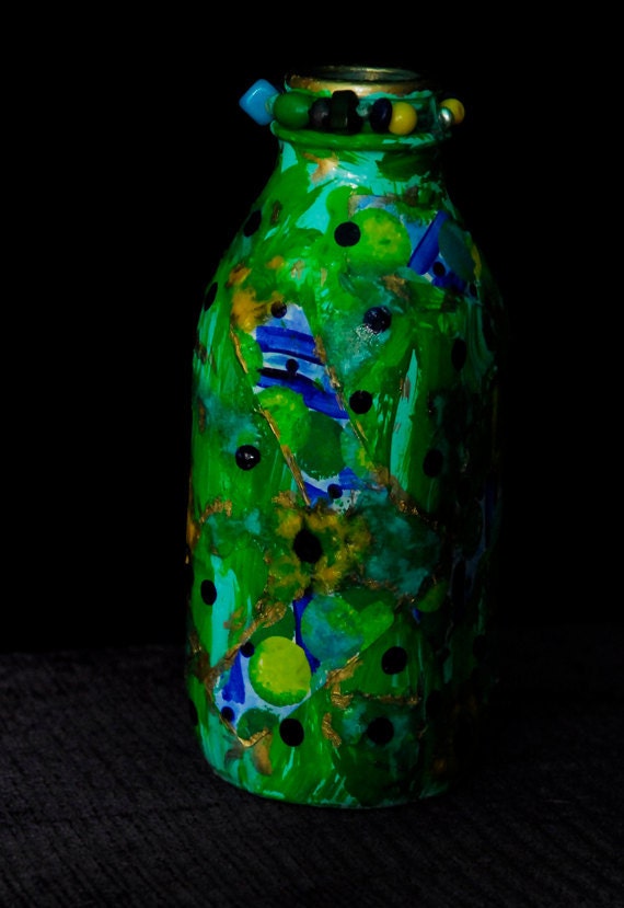Milk Bottle Vase Multi-Media Green Heart & Bead Adorned