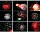 Fireworks photos, Long Exposure, shutter drag, Abstract - set of nine 5x7 fine art photographs