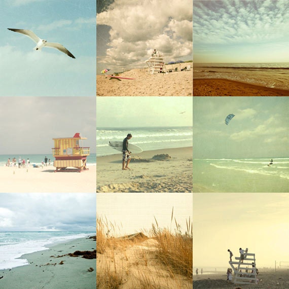 Ocean photos, Beach Photography, Pastel Colors, Retro, Vintage, Faded, Nostalgia - set of nine 5x5 fine art photographs