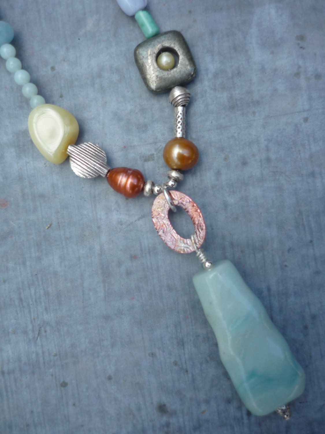 Artisan, Asymmetrical Necklace, Handcrafted with Sterling Silver, Copper, Amazonite, Pearls and Multi Gemstones