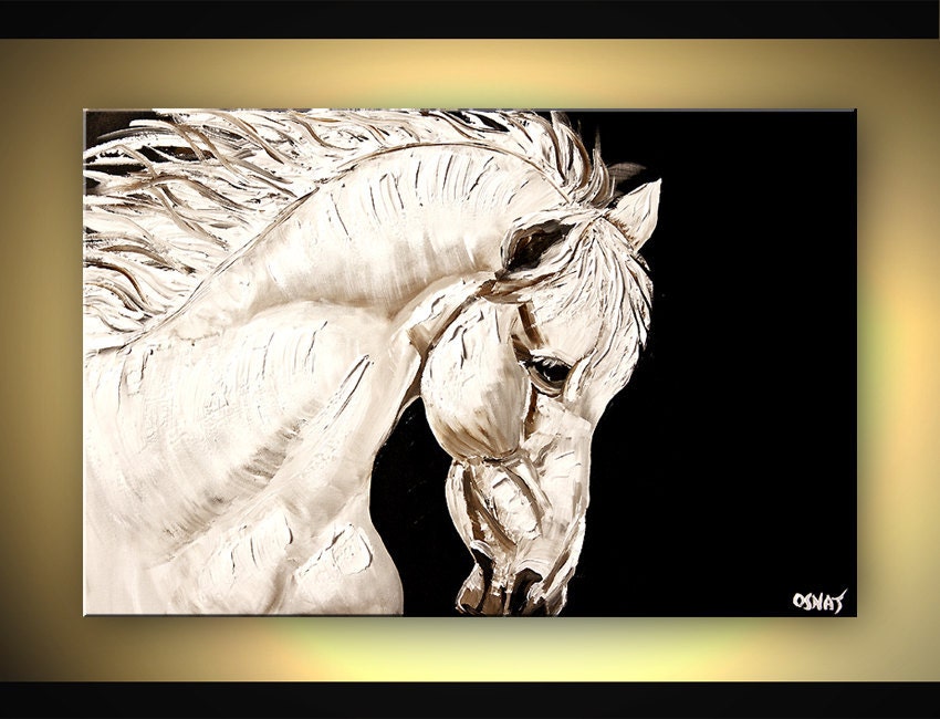 ORIGINAL abstract Black and White Horse Painting Modern Palette Knife Osnat ready to hang 36"