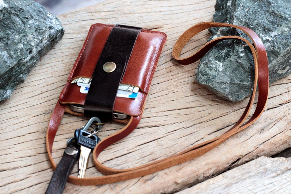 Chocolate brown leather iphone wallet with neck strap