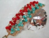 Red and Turquoise Beaded Bracelet, wire crochet beadwork bracelet, handmade bead jewelry
