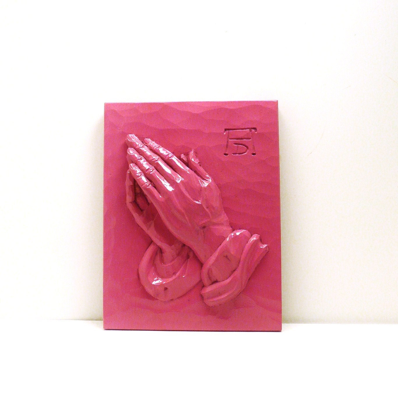 praying hands, religious art, wall hanging, upcycled home decor, hot pink wall decor , kitsch religious collectibles