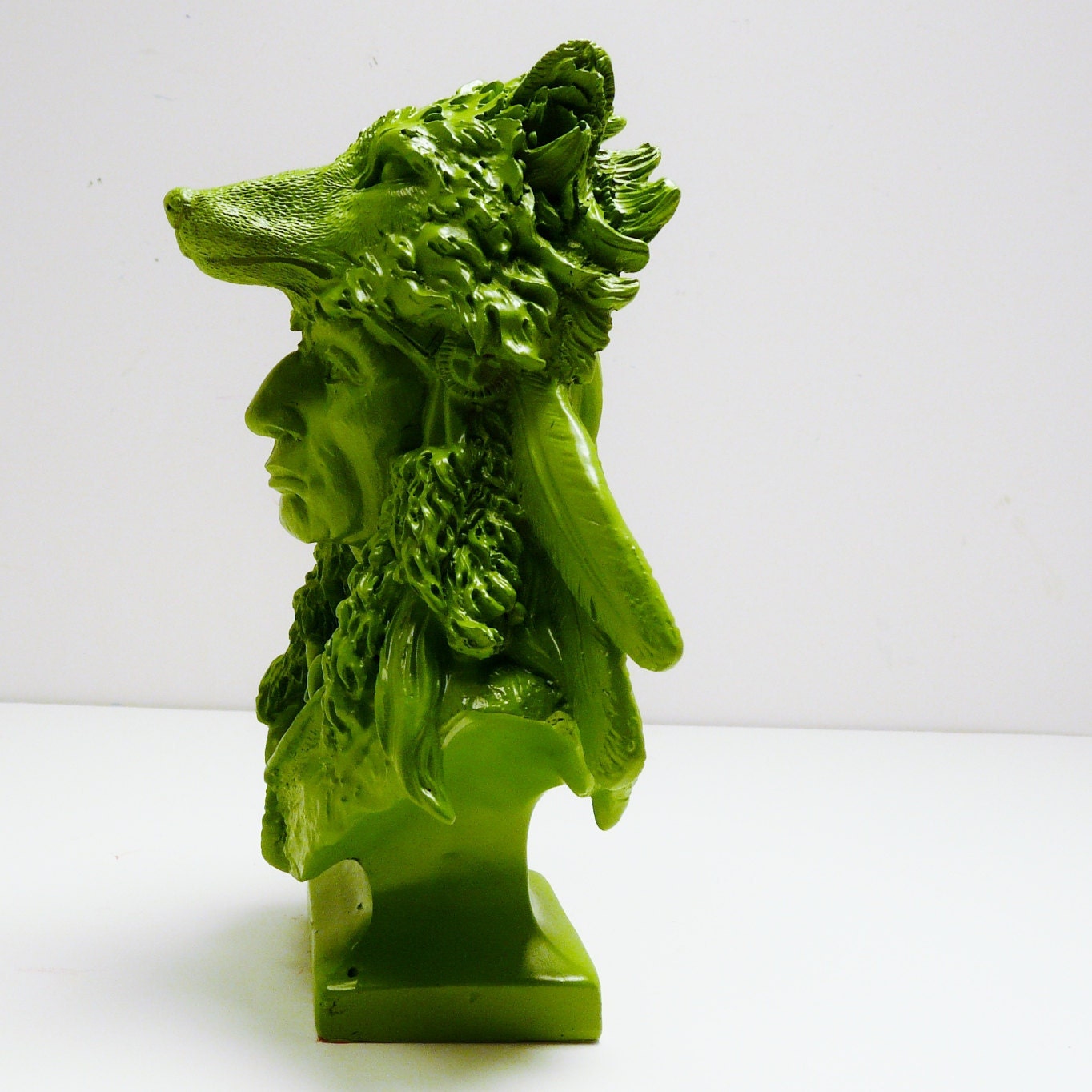 indian wolf figurine  //  upcycled home decor  //  leaf green, miniature head bust, statue, wolves, folk
