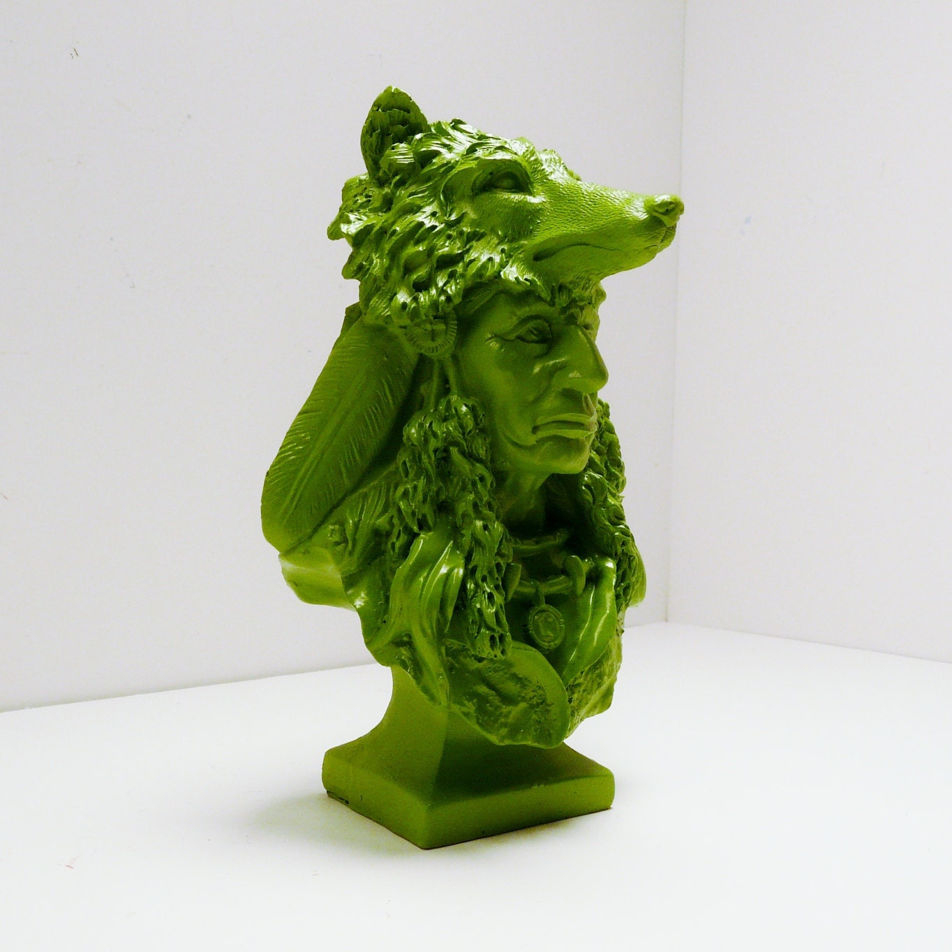 indian wolf figurine  //  upcycled home decor  //  leaf green, miniature head bust, statue, wolves, folk