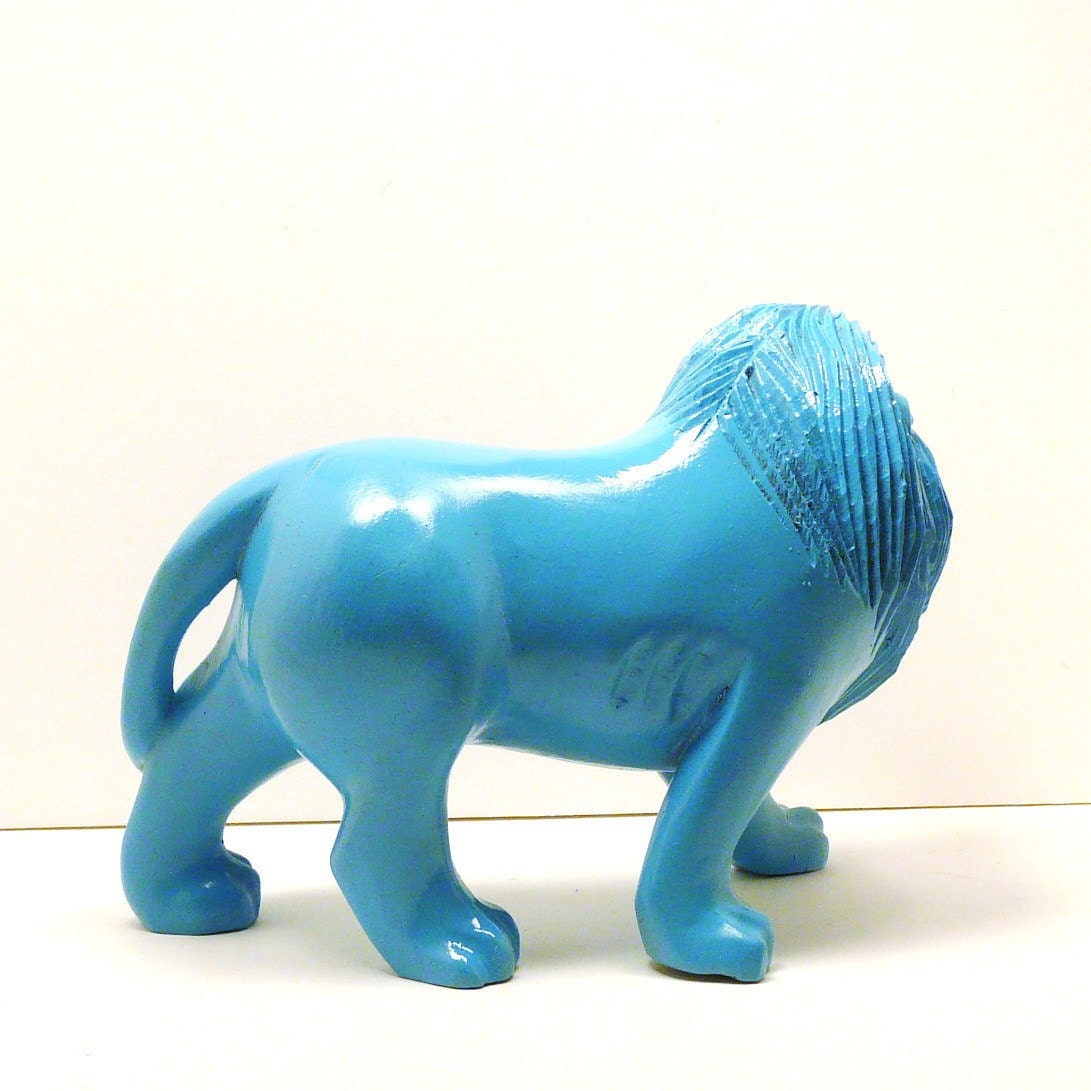 painted lion figurine  //  turquoise, upcycled wood, aqua blue, lions, wood animal, kitsch, safari decor, animals