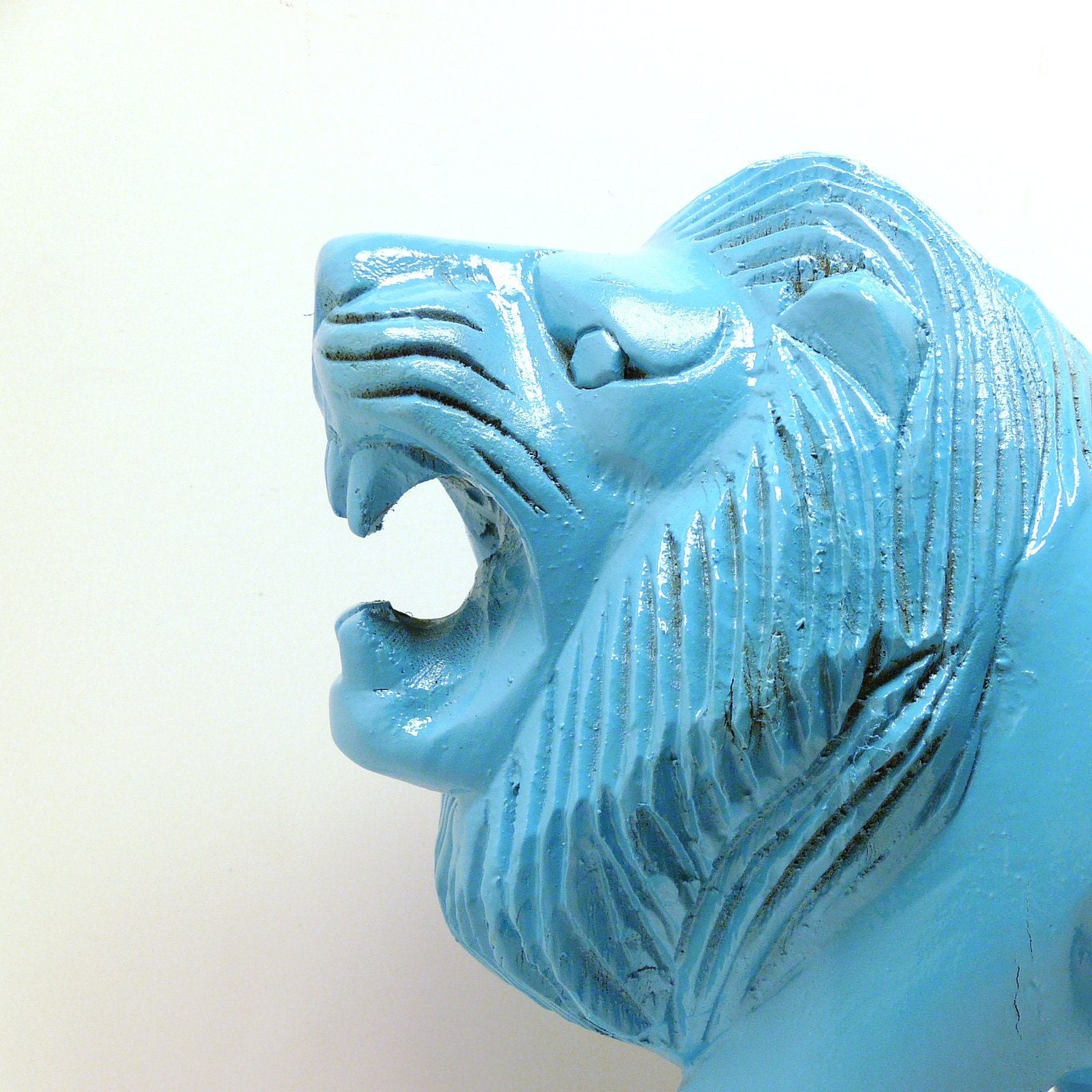 painted lion figurine  //  turquoise, upcycled wood, aqua blue, lions, wood animal, kitsch, safari decor, animals
