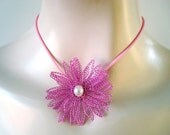 Crocheted Wire Necklace 3D Fantasy Flower in Pink
