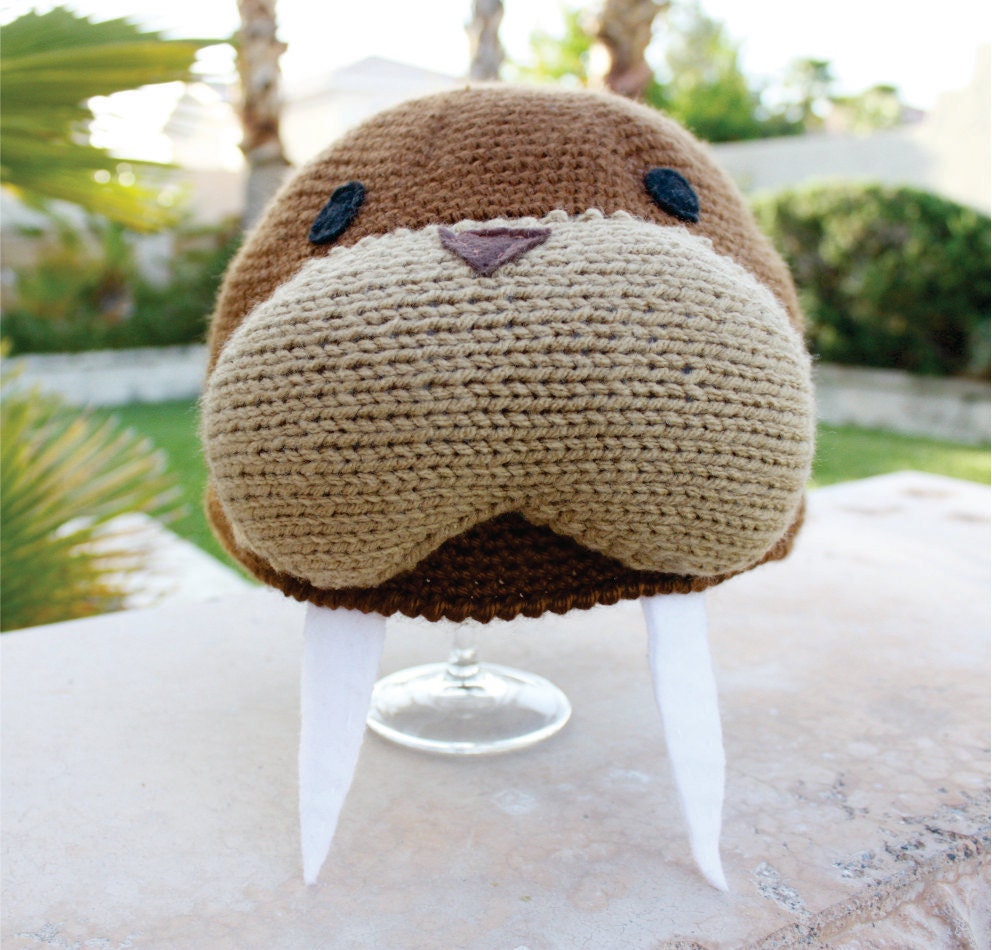 Walrus With Tusks Hat:  Aquatic Marine Life Lover Kawaii Handmade Crochet Beanie Hat