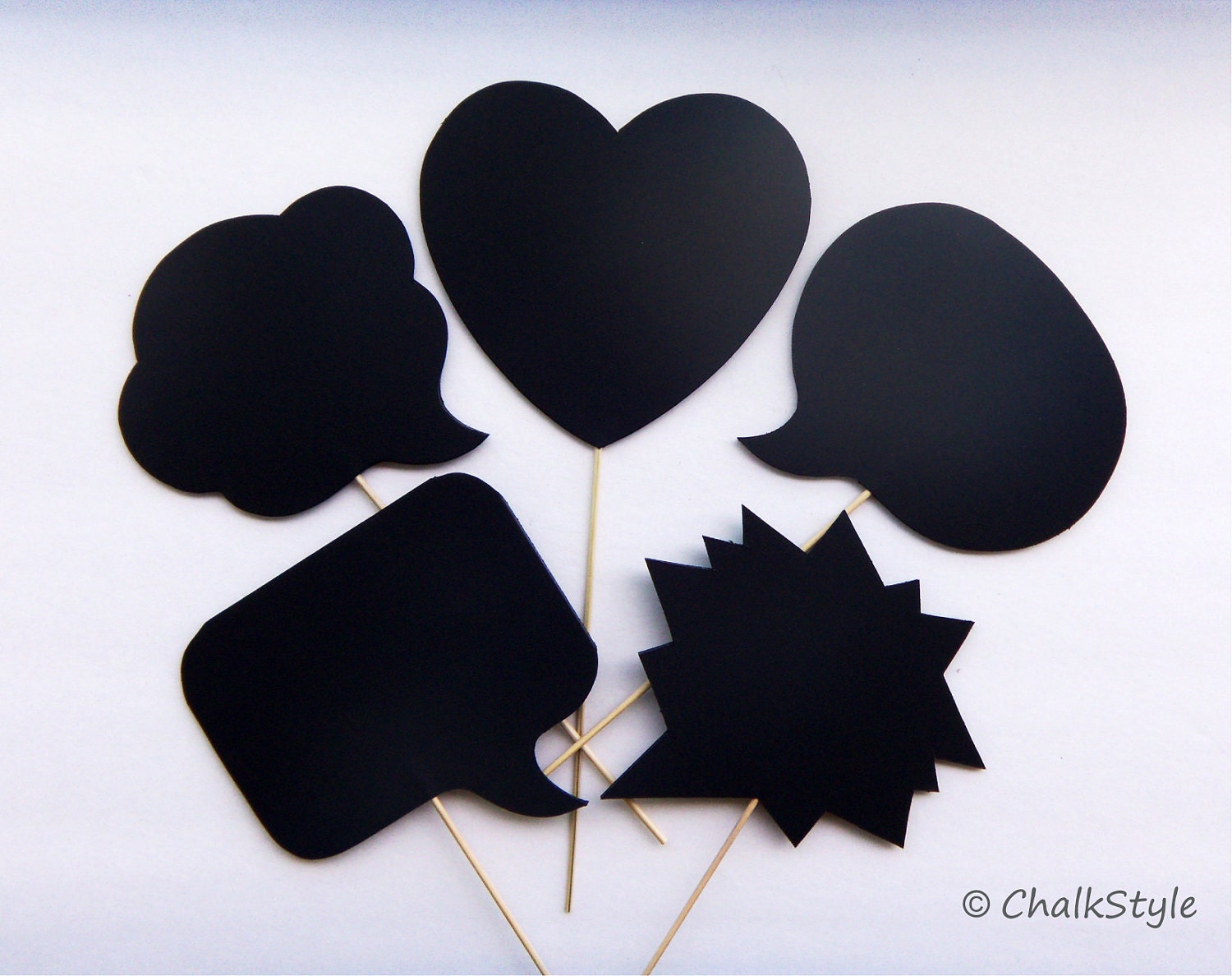 Set of 5 Chalkboard Photo Booth Props Speech Bubbles on a Stick -- Bubbles and a Heart Chalk Board for Wedding or Engagement Photos Il_170x135