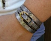 Matallic Leather Bracelet Belt Trendy Recycled Wrap Around Bangle Cuff with Buckle D-101-1