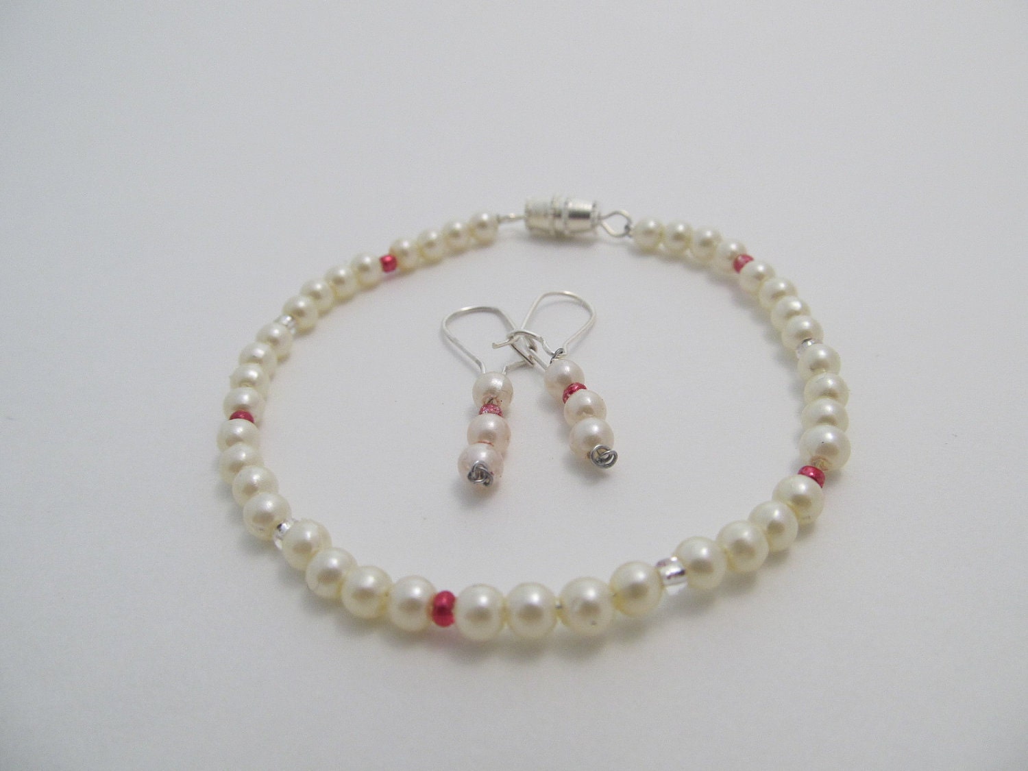 Flower girl Bracelet and Earring Set - Red and Pearl