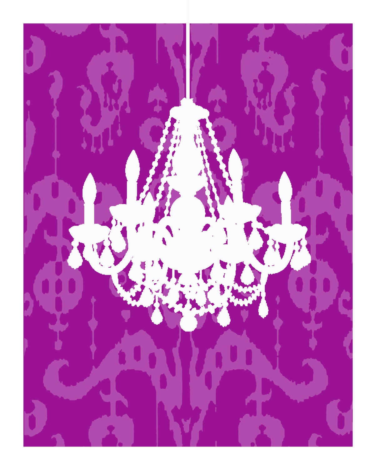 8x10 Digital Print of Vintage Candle lit Crystal Chandelier Silhouette on Royal Purple Ikat Background