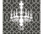 8x10 Digital Print of Vintage Architectural Crystal Chandelier Silhouette on Charcoal Trellis Background