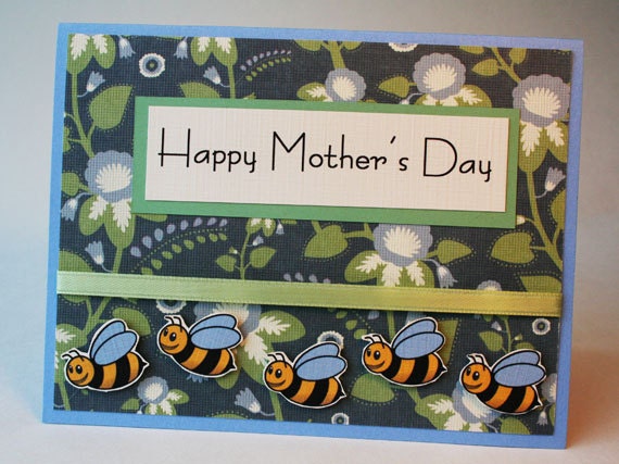 Mother's Day Card, Flowers, Bees, Green, Blue, Ribbon