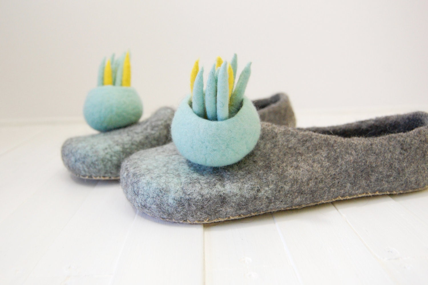 Organic Felted Wool Slippers Women House shoes OOAK natural grey mint green and yellow