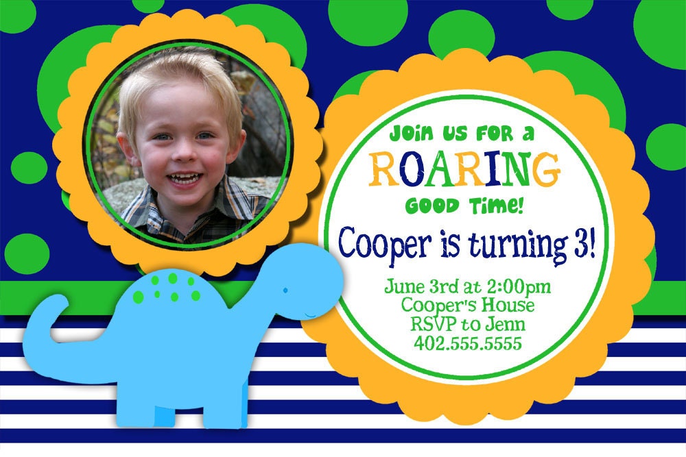 Lil'  Polka Dot Blue Dinosaur  Birthday Party Invitation Card   - You Print