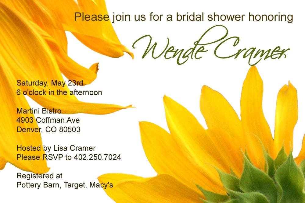 Custom Yellow Sunflower  Bridal or Baby Shower  Invitation Card   - You Print