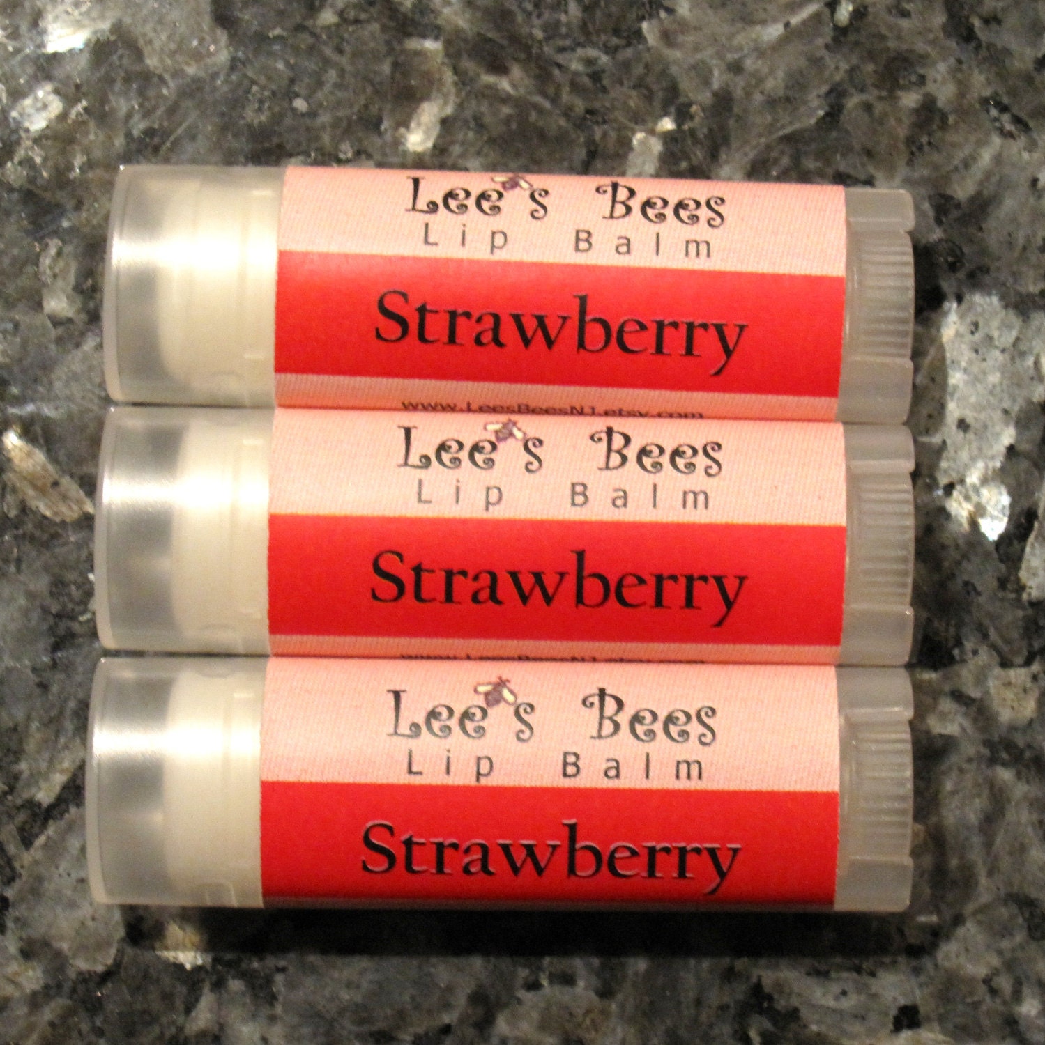 Strawberry Lip Balms -  Three Tubes of All-Natural Beeswax Lip Salve Chapsticks from Lee the Beekeeper