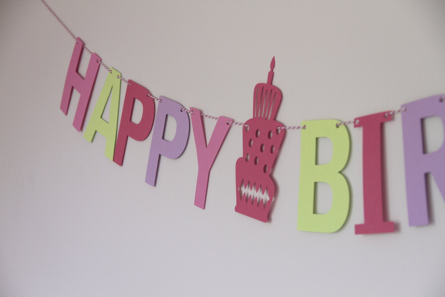 Happy Birthday Banner - Pinks, Green, & Purple with Cake Il_170x135