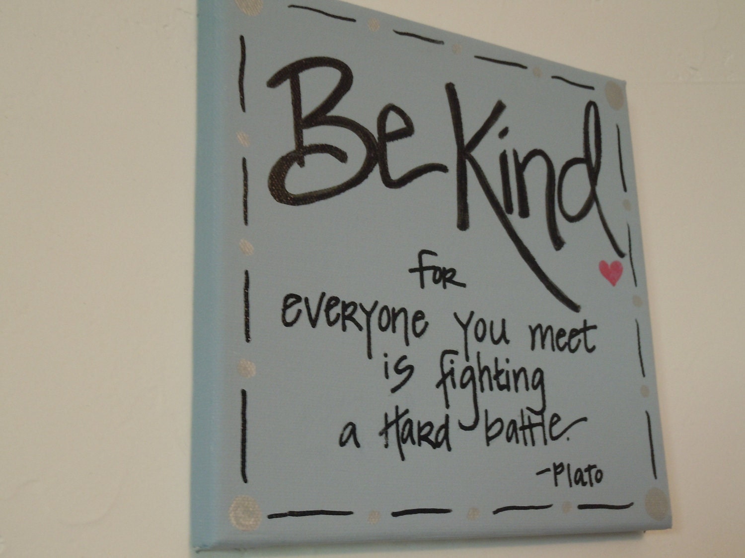 Beautiful 8x8 hand-painted canvas.  Slate blue with black lettering and silver accents