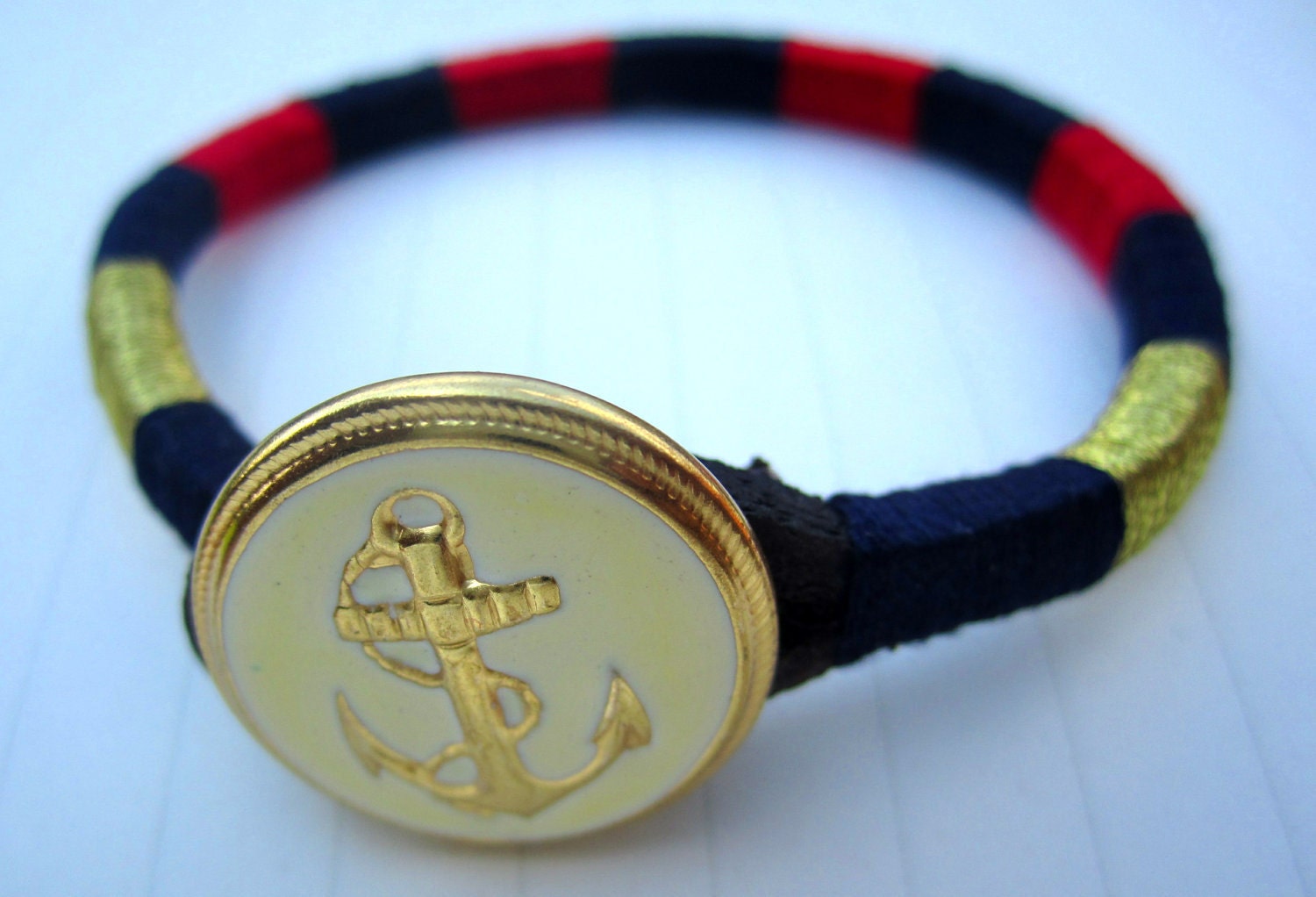 Nautical Sailor Bracelet: Red and Navy with Gold detail