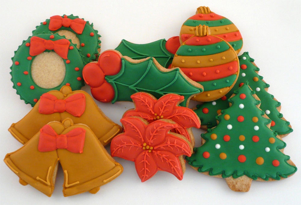 Decorated Cookies for Christmas - Wreath - Ornament - Bells - Holly - Poinsettia - Christmas Tree - katieduran