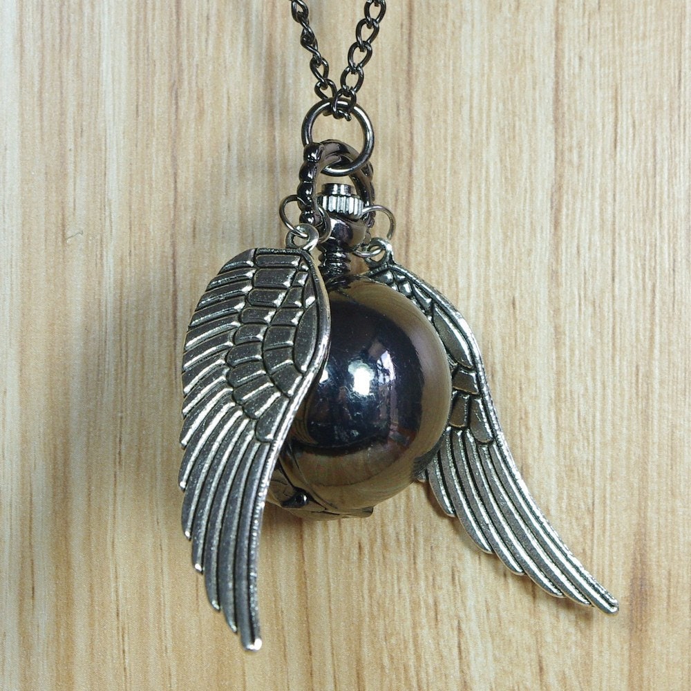 Harry Potter Golden Snitch WATCH necklace silver Double side wings, Cute Black ball