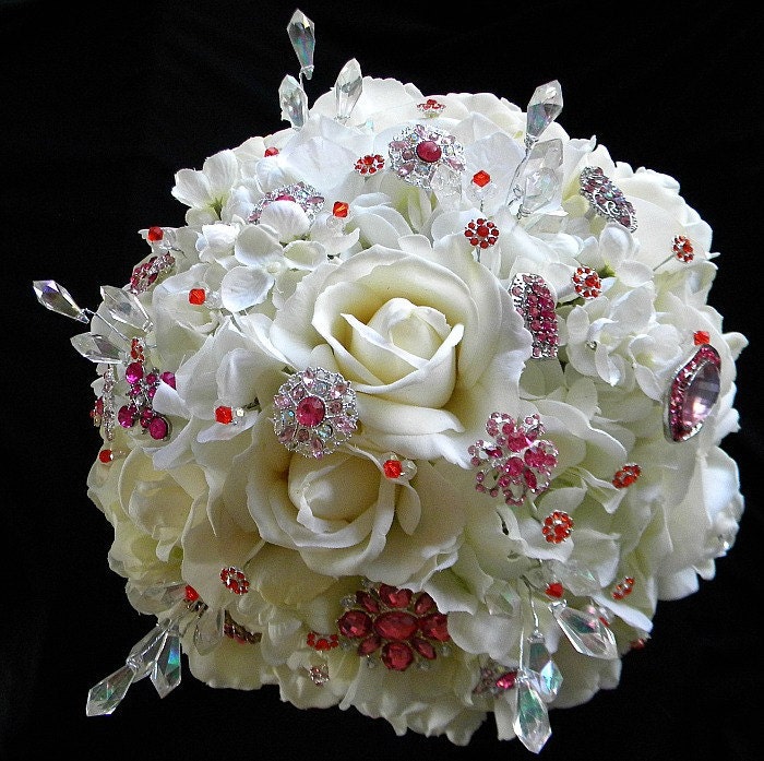 Gorgeous Ivory, Hot Pink and Tangerine Rhinestone Bling Bridal Bouquet with Real Touch Roses